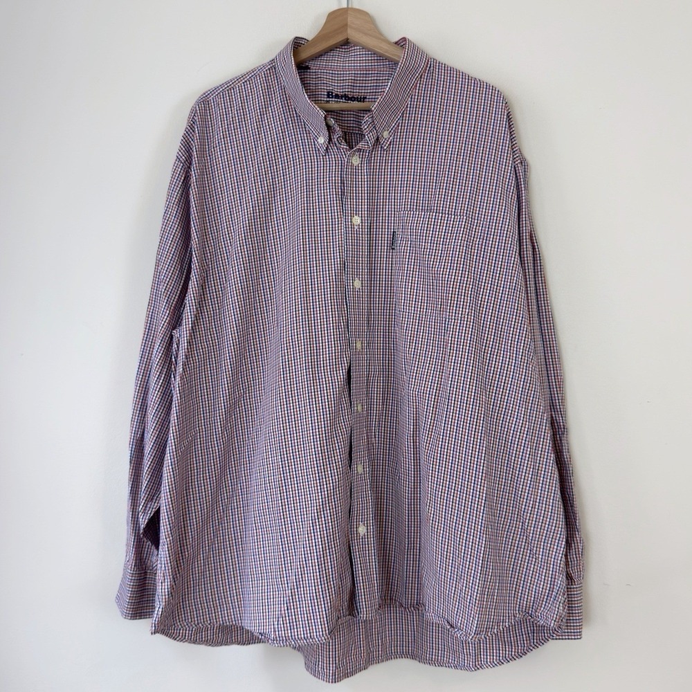 Barbour Mens Plaid Blue Red White Cotton Button Up Polo Shirt - XXL